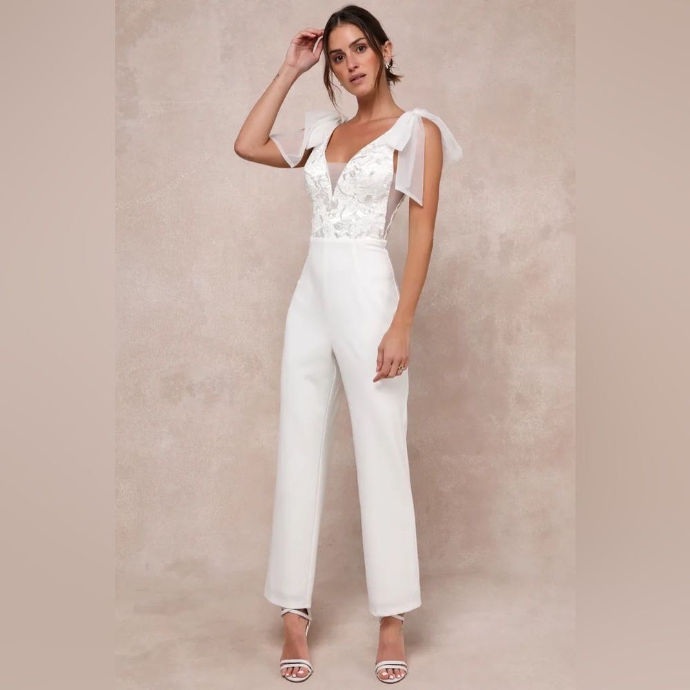 Lulus Dignified Beauty White Mesh Embroidered Tie-Strap Jumpsuit